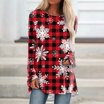 Рождественская футболка в клетку со снежинками, 3D-принт, женские футболки с длинным рукавом, модная уличная одежда, Женская туника, футболки, топы, одежда