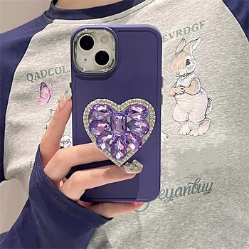 Роскошный фиолетовый чехол-подставка с бриллиантами и сердечком для iphone 14 12 13 11 Pro Max Korea Japan Girl Glitter Holder Мягкая задняя крышка