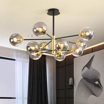 Современная светодиодная потолочная люстра со стеклянным шаром, черное золото, для спальни, гостиной, столовой, Настольная подвесная лампа, люстры, освещение светильников