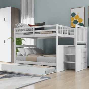 Современный простой дизайн, белая полноразмерная двухъярусная кровать с двумя односпальными кроватями, безопасная лестница, удобная для молодежи, детская спальня