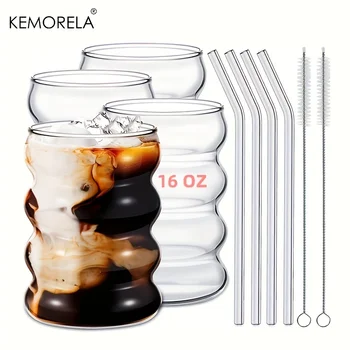 Стаканы для питья на 16 унций со стеклянной соломинкой 4шт Набор Стеклянных чашек в форме 350 мл / 470 МЛ Пивные бокалы Для кофе со льдом Стакан-стакан