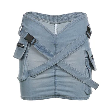 Уличная одежда, женские джинсовые юбки с карманами, рабочая одежда, пряжка для рюкзака, плиссированная облегающая короткая юбка