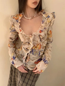 Французская рубашка с длинным рукавом с цветочной бабочкой, женская мода в стиле ретро, Универсальный дизайн, Осенний сексуальный топ-блузка 2023 г.