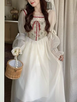 Французское винтажное платье в стиле пэчворк с цветочным рисунком, женское дизайнерское милое вечернее платье миди с расклешенными рукавами, ретро платье принцессы