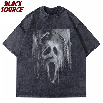 Футболка в стиле хип-хоп Уличная одежда Мужская футболка с изображением лица призрака ужасов Harajuku Хлопковая выстиранная футболка с коротким рукавом Негабаритная Мужская