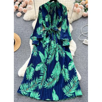 Шифоновое плиссированное платье с богемным принтом для женщин, женские макси-платья с высокой талией, шикарный пояс с длинным рукавом, пляжный халат AM5228