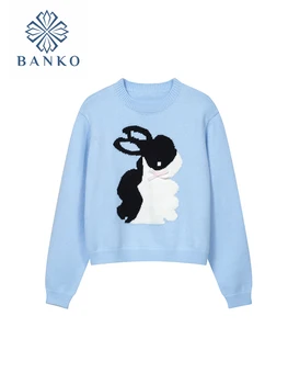 Элегантный дизайн, свитер с принтом кролика из мультфильма Kawaii, женский вязаный пуловер с круглым вырезом, Y2k, Корейский модный джемпер Оверсайз, осень-зима