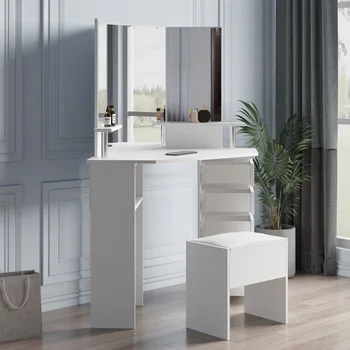 Красивый угловой туалетный столик, элегантный стол для макияжа с трехстворчатым зеркалом и 5 выдвижными ящиками, деревянный туалетный столик для спальни 1