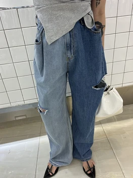 Уличная одежда в стиле хип-хоп, модные мешковатые брюки Harajuku, женские джинсы Хитового цвета, Женские Винтажные Джинсовые брюки с дырками, Регулируемая талия 1