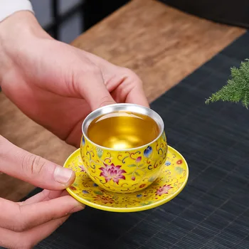 2023 Новая Чайная чашка из серебра 999 пробы, покрытая эмалью, Посеребренный Чайный сервиз, Розовая фарфоровая чайная чашка на колесиках, Мастер-чашка 2