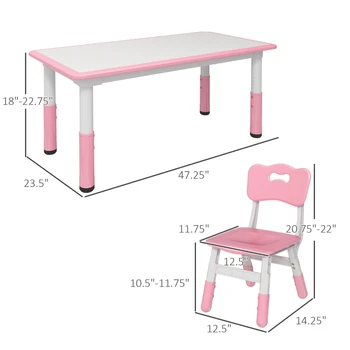 Комплект из детского стола и стула с 4 стульями, регулируемая высота, легко моющаяся поверхность стола, зеленый/розовый 2
