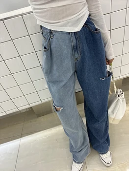 Уличная одежда в стиле хип-хоп, модные мешковатые брюки Harajuku, женские джинсы Хитового цвета, Женские Винтажные Джинсовые брюки с дырками, Регулируемая талия 2