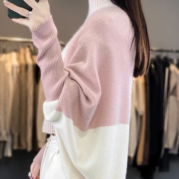Вязаный свитер из 100% шерсти Мериноса, пуловер, Новинка 2023 года, женская одежда, контрастный свитер с наполовину высоким воротником, плащ с рукавами 