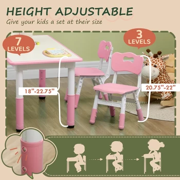 Комплект из детского стола и стула с 4 стульями, регулируемая высота, легко моющаяся поверхность стола, зеленый/розовый 3