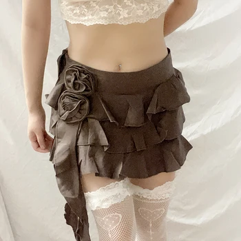 Многоуровневая мини-юбка трапециевидной формы с оборками в виде цветка Fairycore, Коричневые Эстетичные юбки Y2K, Милые плиссированные юбки в стиле ретро в стиле 
