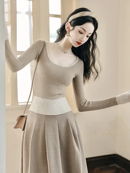 Французский осенне-зимний свитер, клетчатая юбка, костюм-двойка 2023, модная женская одежда 3