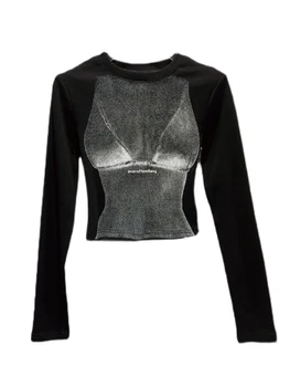 Модный женский короткий черный топ с буквенным принтом для женщин, футболка с длинным рукавом и круглым вырезом, новинка осени 2023 года, Tide 11XX5480 4