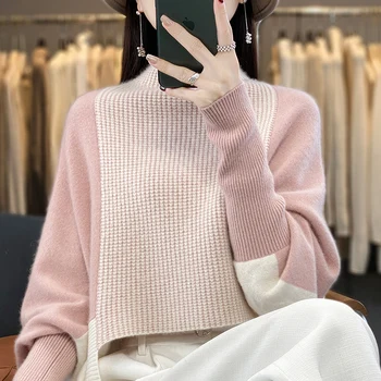 Вязаный свитер из 100% шерсти Мериноса, пуловер, Новинка 2023 года, женская одежда, контрастный свитер с наполовину высоким воротником, плащ с рукавами 