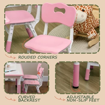 Комплект из детского стола и стула с 4 стульями, регулируемая высота, легко моющаяся поверхность стола, зеленый/розовый 5