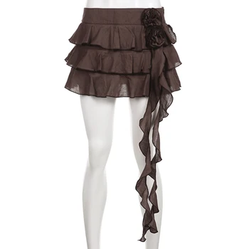 Многоуровневая мини-юбка трапециевидной формы с оборками в виде цветка Fairycore, Коричневые Эстетичные юбки Y2K, Милые плиссированные юбки в стиле ретро в стиле 