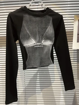 Модный женский короткий черный топ с буквенным принтом для женщин, футболка с длинным рукавом и круглым вырезом, новинка осени 2023 года, Tide 11XX5480 5