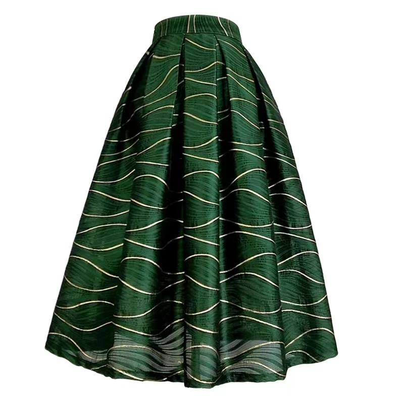 2023 Летняя женская винтажная элегантная юбка из тюля в изумрудно-зеленую полоску с цветочным принтом и высокой талией, длинная сетчатая юбка из тюля, повседневная офисная женская рабочая одежда