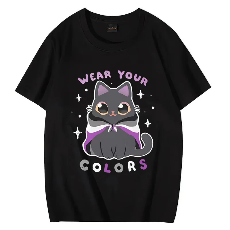 Футболка с изображением Kawaii Rainbow Kitty Wear your colors Для мужчин и женщин, летняя повседневная хлопковая футболка унисекс в стиле харадзюку с коротким рукавом оверсайз