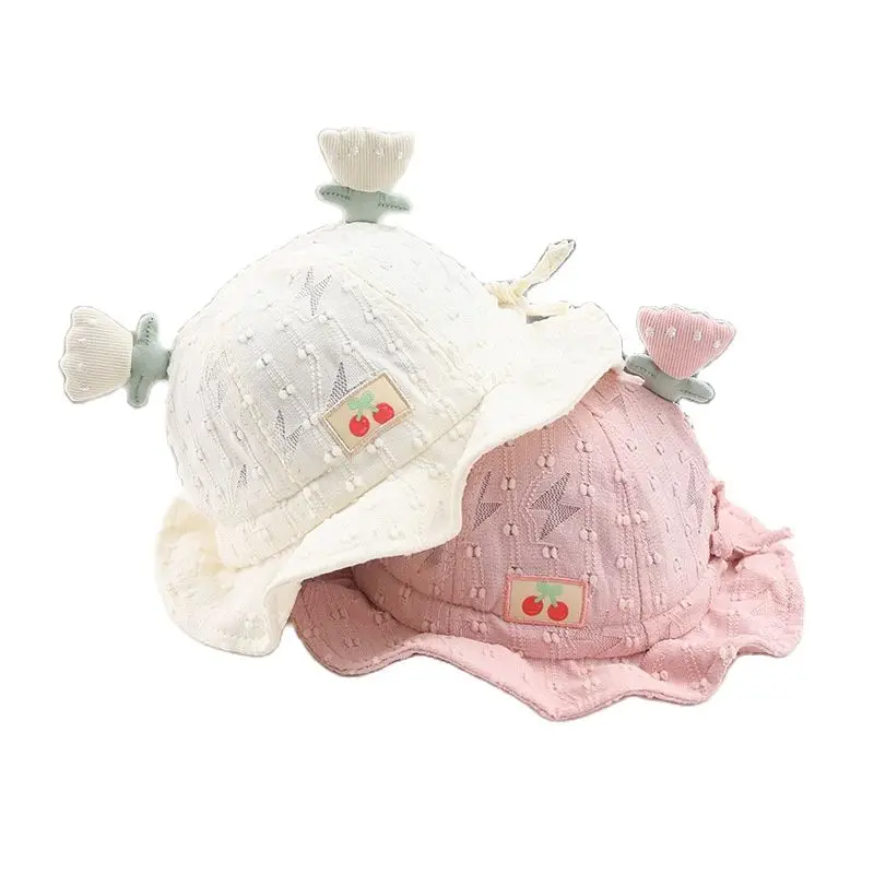 Новая уличная детская шляпа от солнца для девочек, маленькая вишневая тканевая шляпа-панама с тиснением на этикетке, шляпы для девочек, детская шляпа рыбака с большими полями