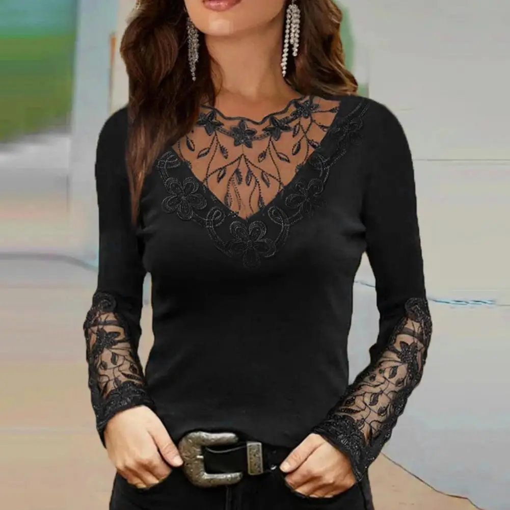 Женская рубашка, кружевной женский топ в стиле пэчворк с V-образным вырезом, сексуальная женская блузка с длинным рукавом для повседневной носки