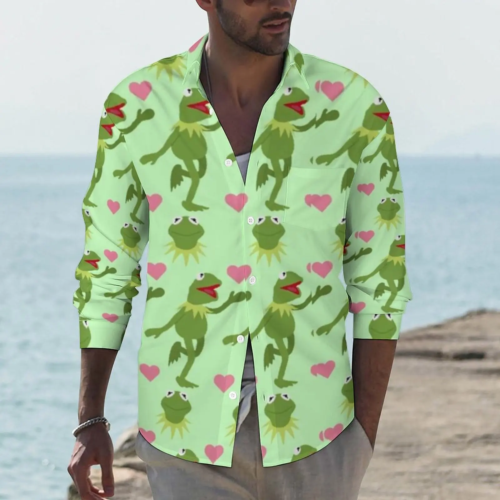Эстетичная повседневная рубашка Frog, мужская рубашка с изображением красного сердца с изображением животных, осенние новинки, блузки с длинным рукавом, графический топ оверсайз