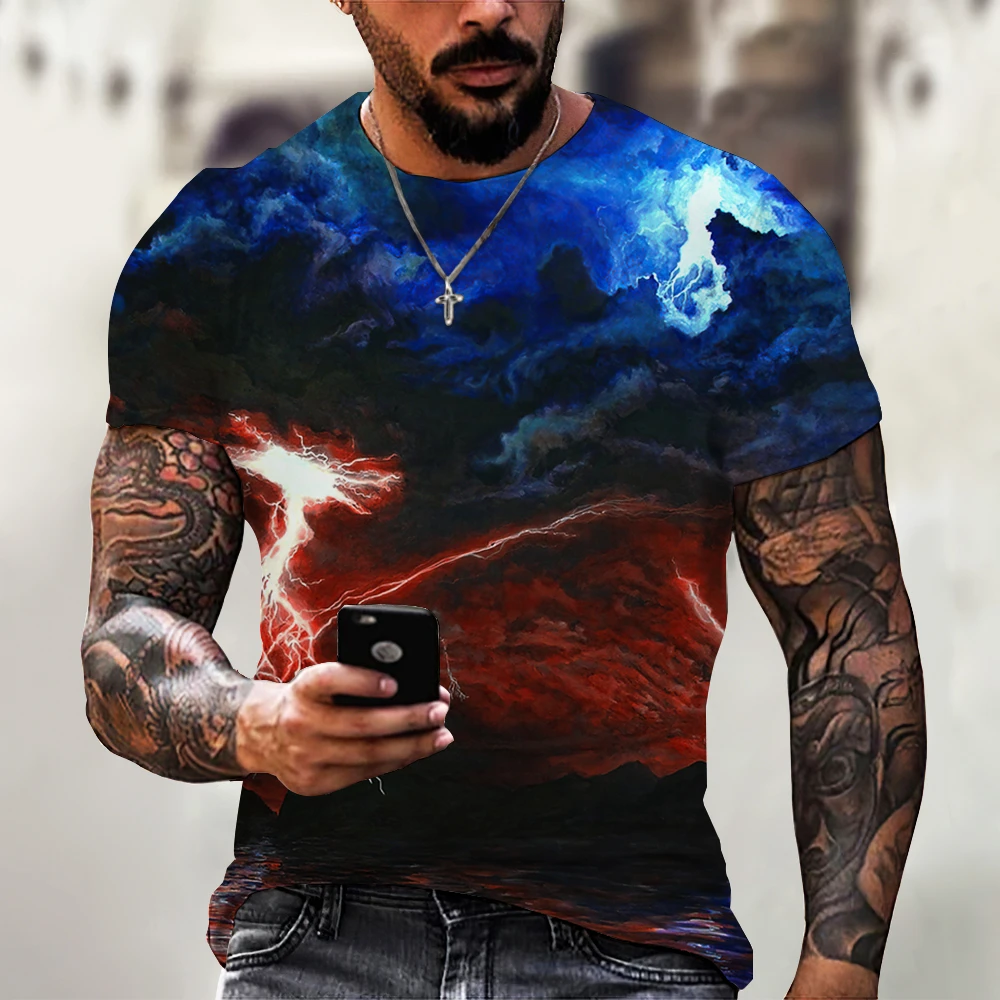 Летняя мужская футболка с принтом молнии, большие размеры, повседневная футболка с цифровым 3D принтом, мужские футболки с коротким рукавом, уличная одежда