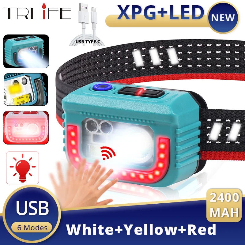 10000LM Сенсорная светодиодная фара, Наружный Водонепроницаемый ходовой свет, USB Головной фонарь, прожектор, Желто-красная Сигнальная лампа