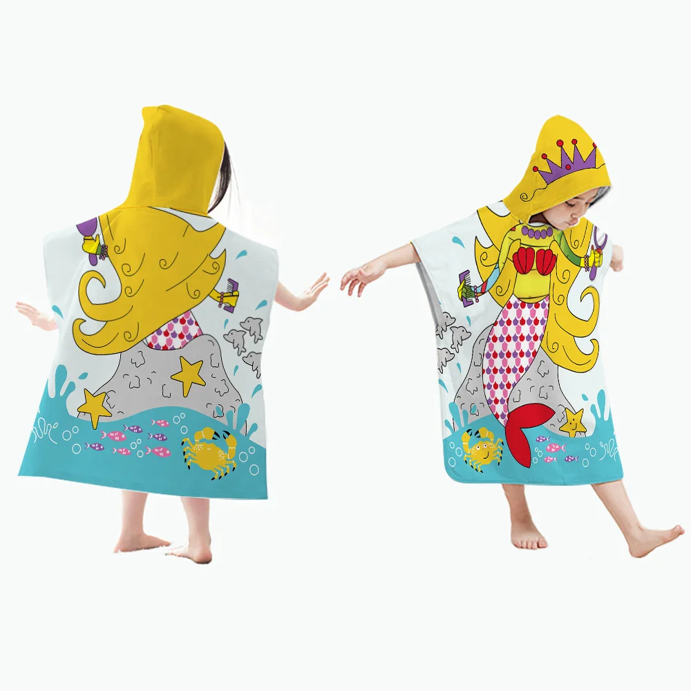 Русалка Акула Детское пляжное полотенце из микрофибры 60 * 60 см, гидрокостюм, плащ с капюшоном, Быстросохнущее пончо, халат, банные полотенца для плавания, серфинга