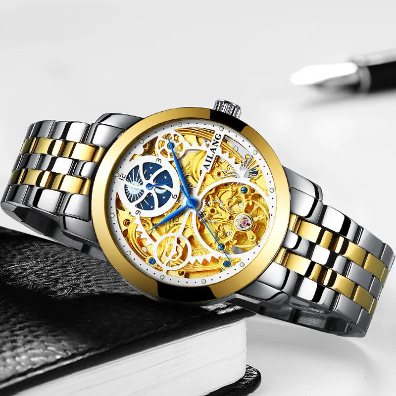 Модные мужские механические часы с автоматическим управлением, водонепроницаемые светящиеся часы с полым маховиком