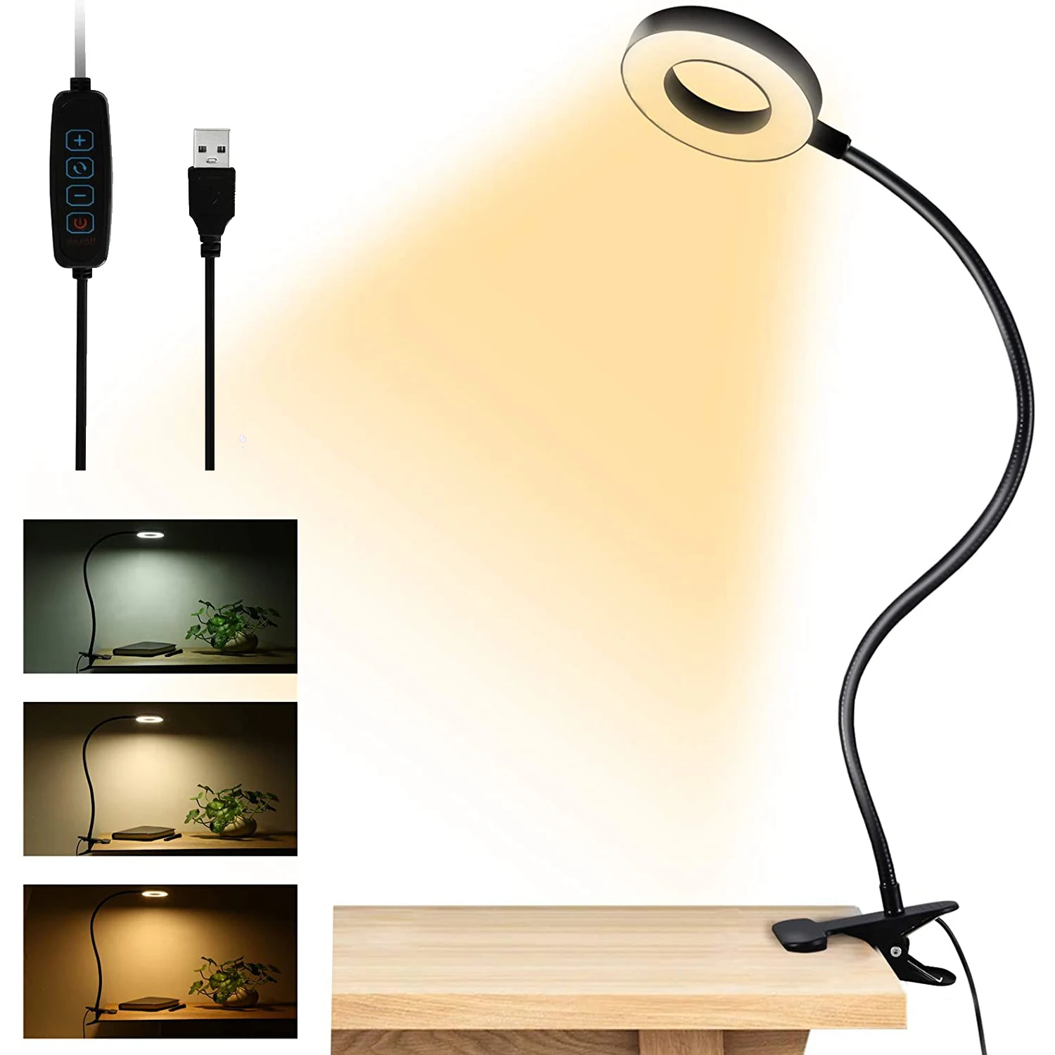 Светодиодная настольная лампа с USB-зажимом, гибкая настольная лампа с гусиной шеей, 3 режима освещения с 10 уровнями яркости, офисная лампа с регулируемой яркостью 1