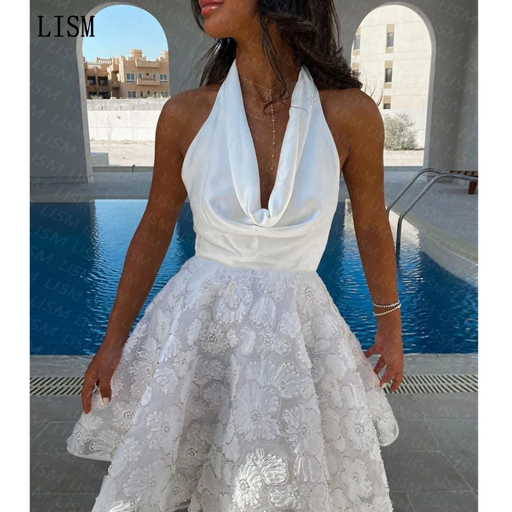 Пышное платье на бретелях С Аппликацией LISM Трапециевидной формы, Элегантное Белое Мини-платье Vestidos De Noche 2023, Платья Подружек невесты С открытой спиной