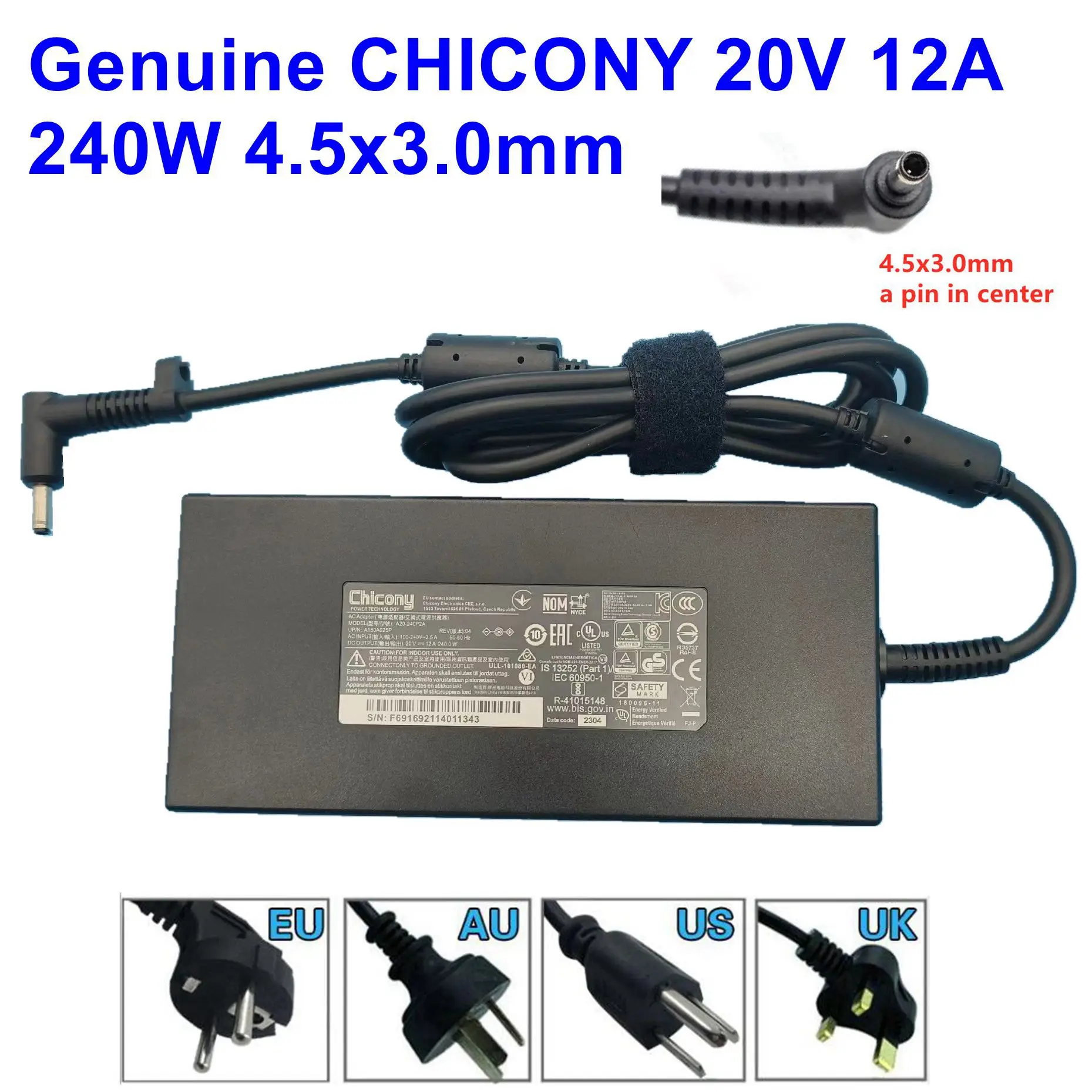 Подлинный CHICONY 20V 12A 240W 4.5x3.0mm AC DC Адаптер Питания A20-240P2A A240A010P Для Зарядного Устройства Для Ноутбука MSI