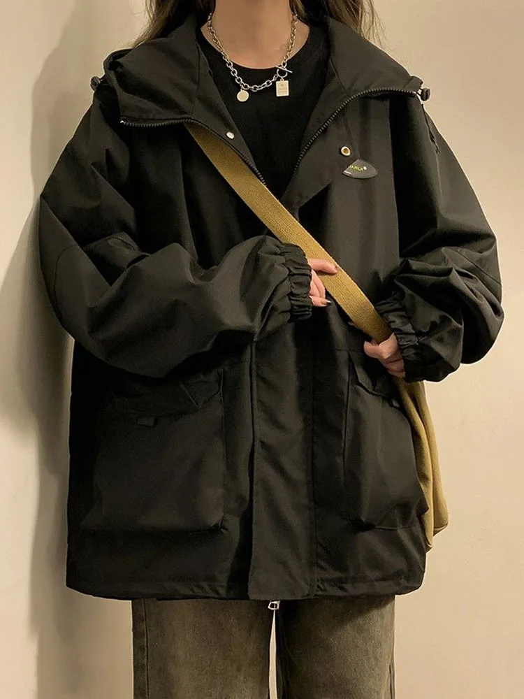 Ветровка в японском стиле харадзюку, женское осеннее пальто с капюшоном на молнии с длинным рукавом, женская Корейская модная винтажная повседневная верхняя одежда