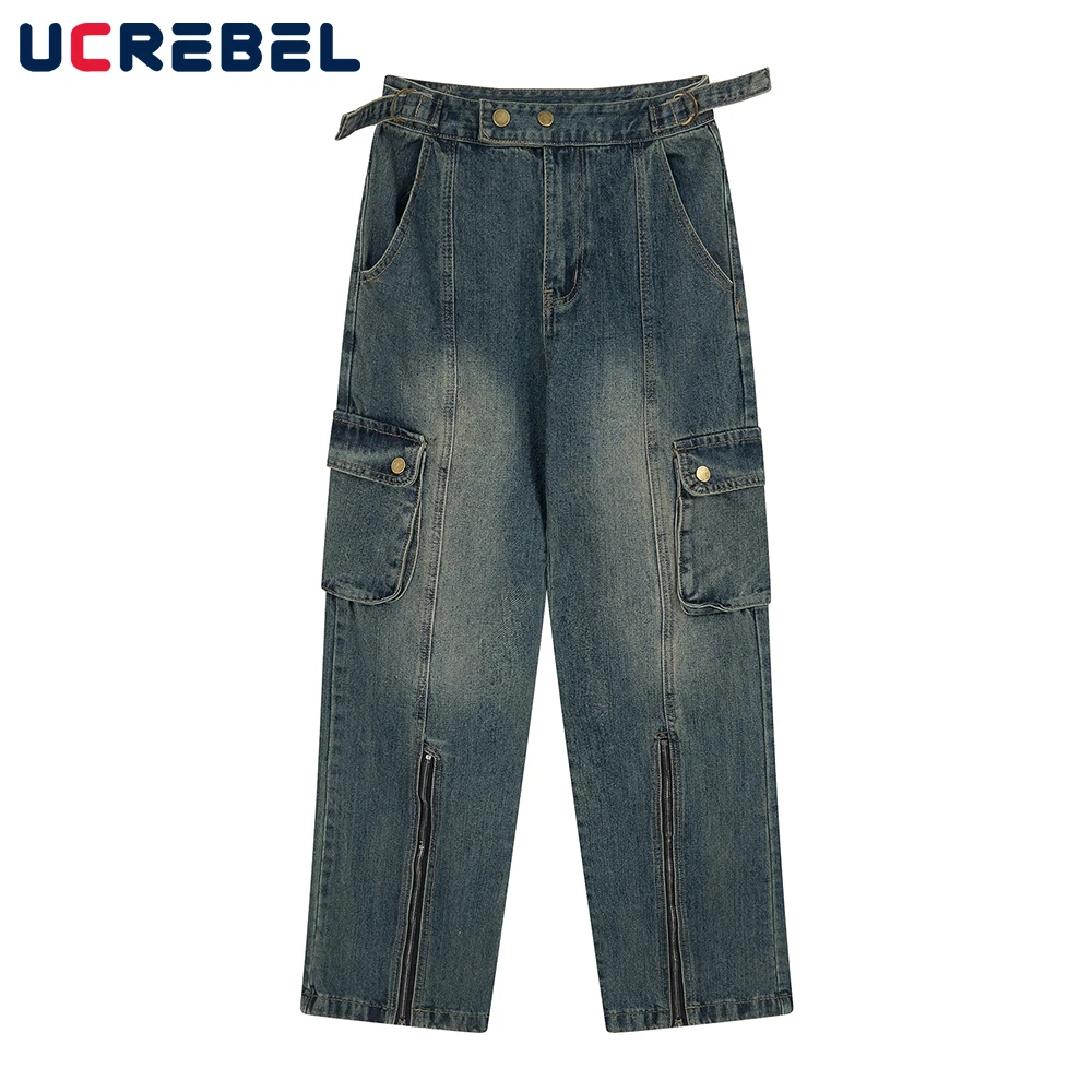 Выстиранные джинсовые брюки с несколькими карманами, мужские уличные Свободные Широкие брюки с застежкой-молнией, мужские джинсы