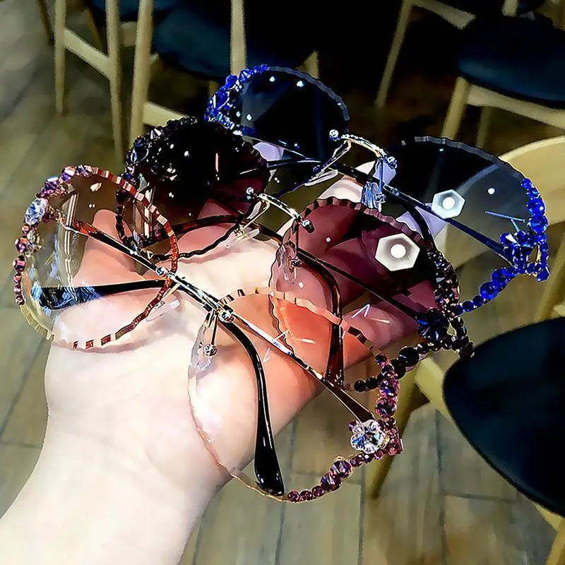 Солнцезащитные очки с бриллиантами Без оправы Женская Мужская мода Полигональные Негабаритные Бескаркасные очки Ретро Розовый градиент Солнцезащитные очки для вождения автомобиля