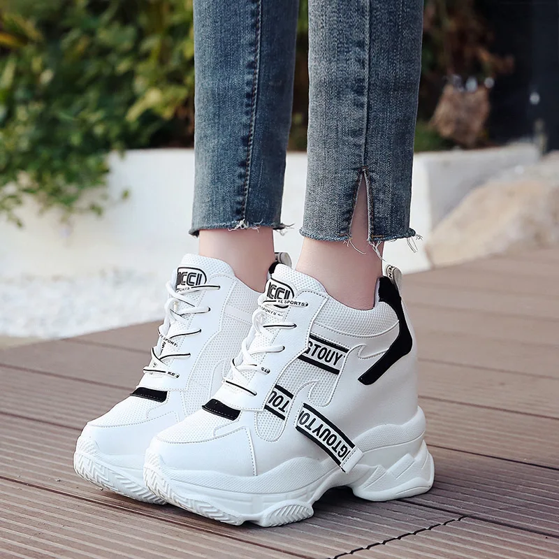 Женские кроссовки с толстой подошвой, осенняя обувь на платформе, увеличивающая рост, из белой кожи в корейском стиле, Chaussure Femmes