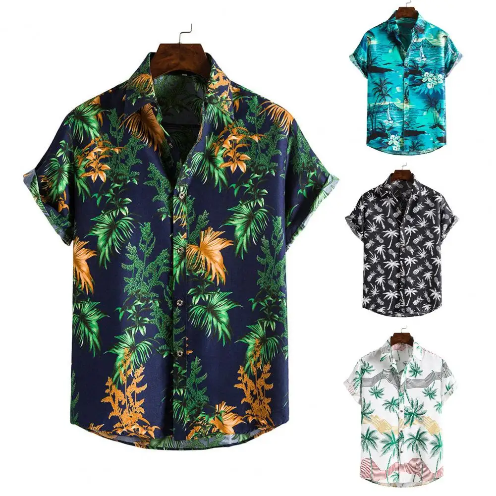 Летняя новая модная повседневная мужская рубашка на пуговицах с принтом кокосовой пальмы, тонкая гавайская рубашка с коротким рукавом и отложным воротником, пляжная одежда