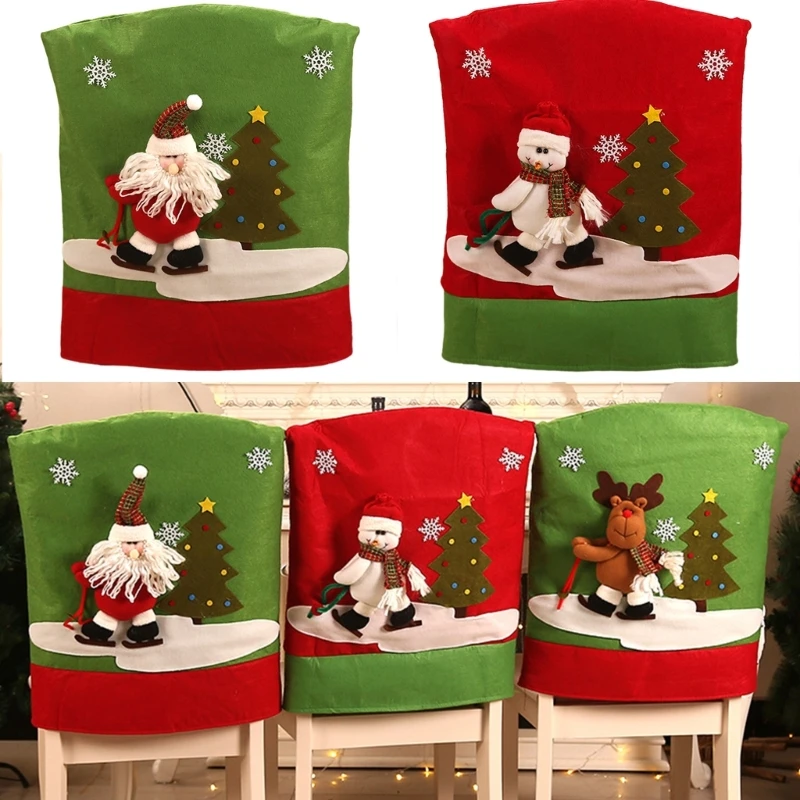Рождественские чехлы на стулья, декор спинки стула с мультяшным Санта-Клаусом для новогоднего ужина, чехлы для праздничной вечеринки