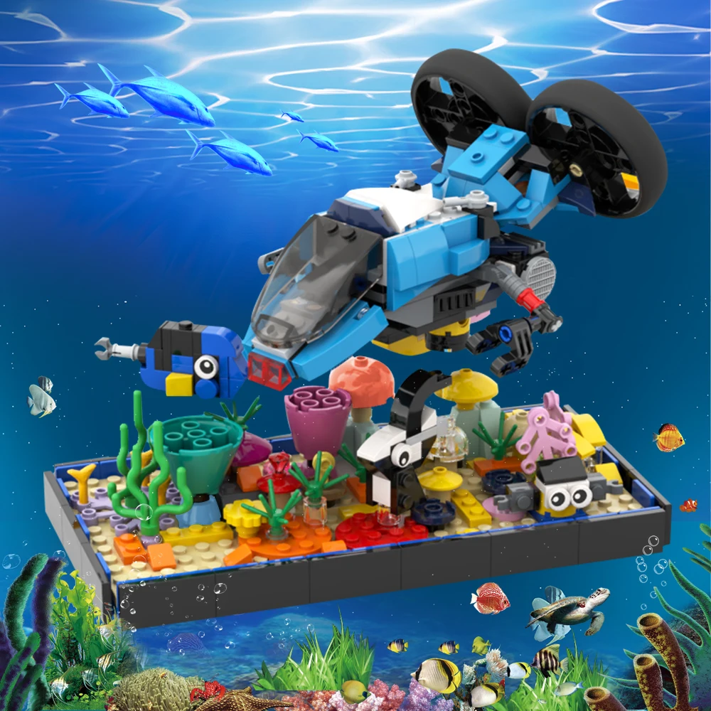 MOC Ocean Коралловый риф + Подводная лодка, кирпичи, Подводные творческие растения, сцены подводного мира, Строительный блок, Детская игрушка, подарок на День рождения