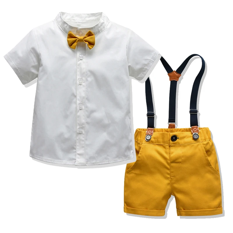 Официальная одежда для мальчика, костюм для мальчика, однотонная рубашка, Желтые шорты с бантом, Комплект одежды с поясом, свадьба, День рождения, Одежда для малышей, Верхняя одежда для мальчиков