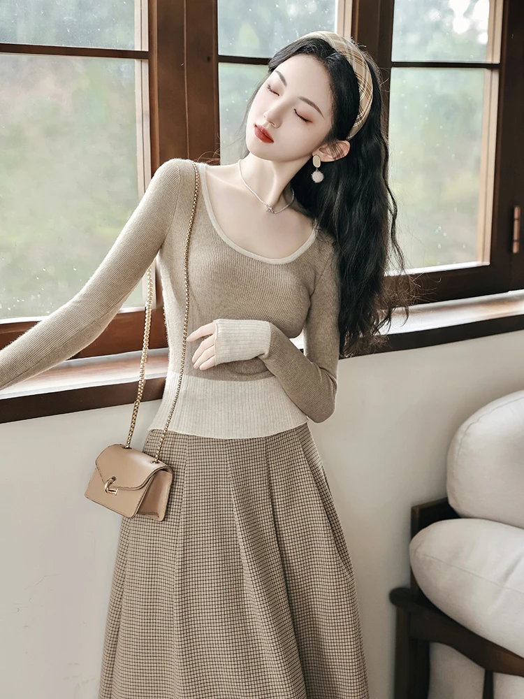 Французский осенне-зимний свитер, клетчатая юбка, костюм-двойка 2023, модная женская одежда 1