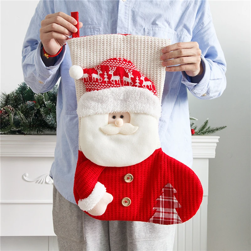 Большой красно-белый вязаный рождественский чулок, носки для декора камина Санта-Клауса, Рождественские подарочные пакеты, держатель для конфет, декор для дома