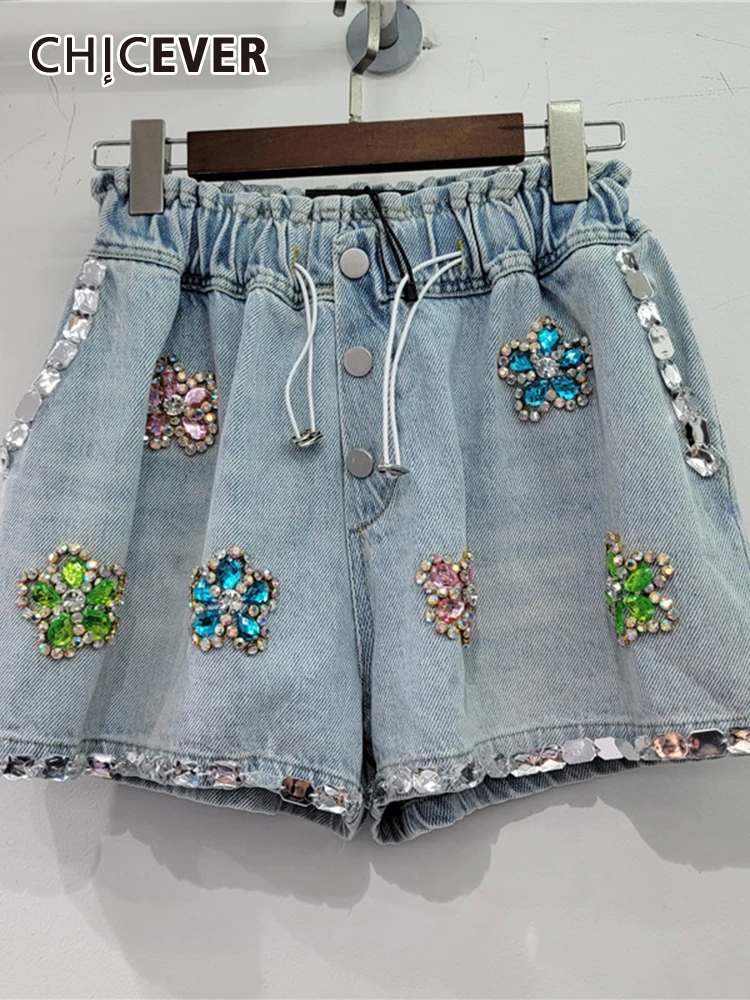 Джинсовые шорты хитового цвета CHICEVER Для женщин с завязками в стиле пэчворк, свободные складки, Сращенные Бриллианты, уличная одежда, Короткие джинсы, женские летние шорты
