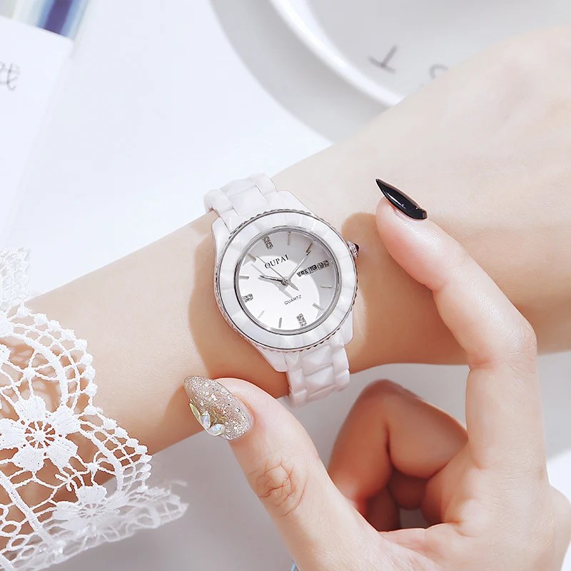 2020 Новое поступление Белые Керамические Часы Женские Простые Модные Водонепроницаемые Роскошные Часы Lady с керамическим двойным календарем бриллиантовой огранки