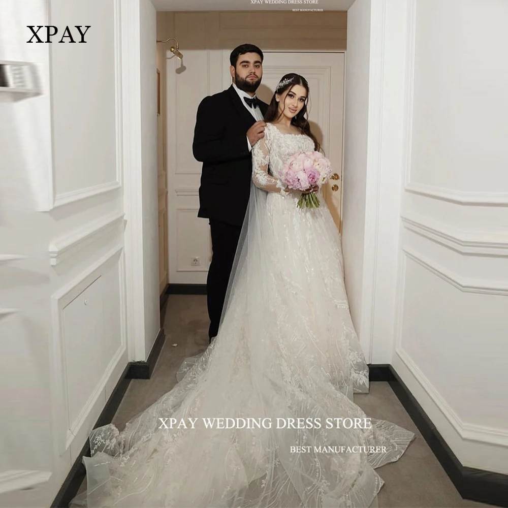 XPAY Скромная Кружевная аппликация, Свадебные платья Трапециевидной формы С длинными рукавами и квадратным вырезом, Мусульманское, Дубайское, Арабское, Женское Классическое Свадебное платье, Вуаль